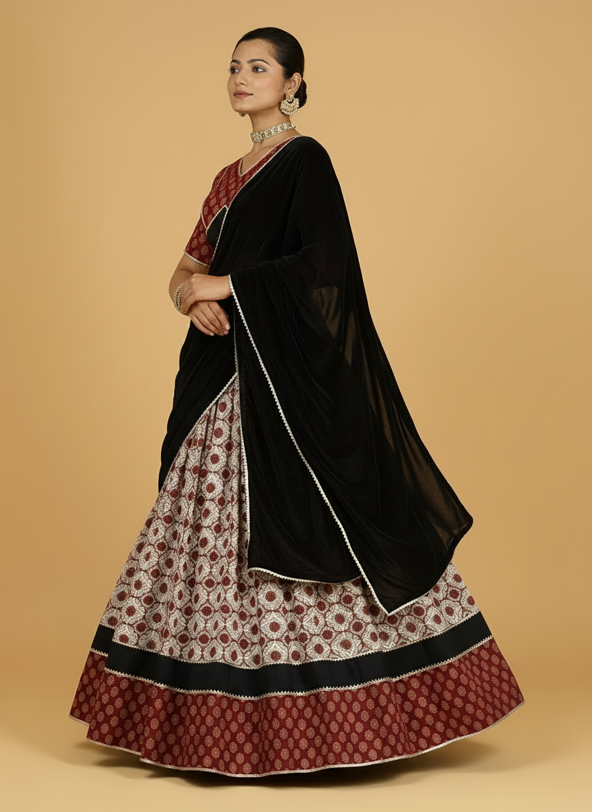 Chandrak x Tyohaar Lehenga Set, in Red 100% Cotton - Block Printed, featuring elbow sleeves and v-neckline (view 8).