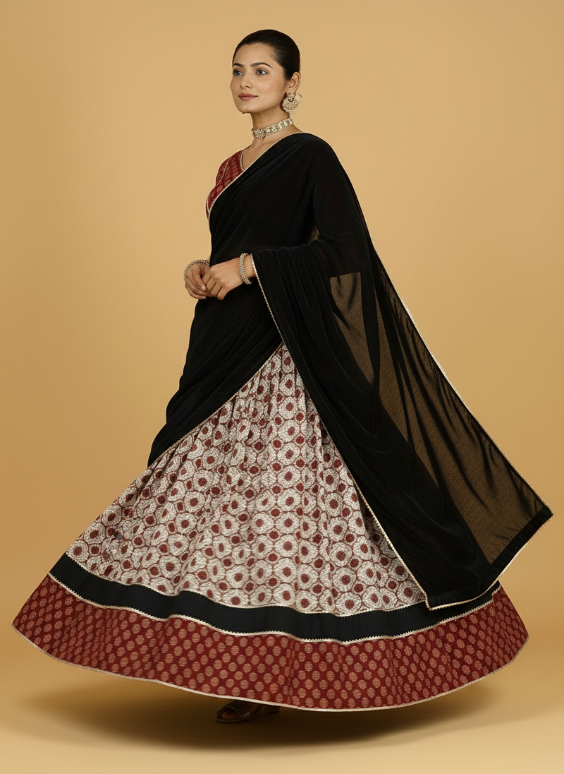 Chandrak x Tyohaar | Cream & Red Navratri Handblock Printed Lehenga Set-Binks