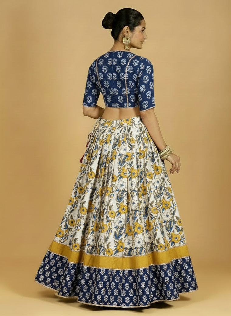 Devan x Tyohaar Lehenga Set, in Blue 100% Cotton - Block Printed, featuring elbow sleeves and v-neckline (view 2).