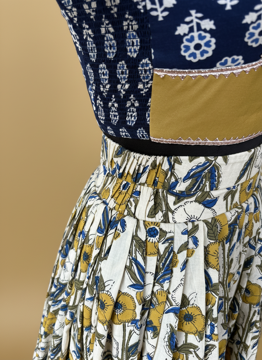 Devan x Tyohaar Lehenga Set, in Blue 100% Cotton - Block Printed, featuring elbow sleeves and v-neckline (view 3).