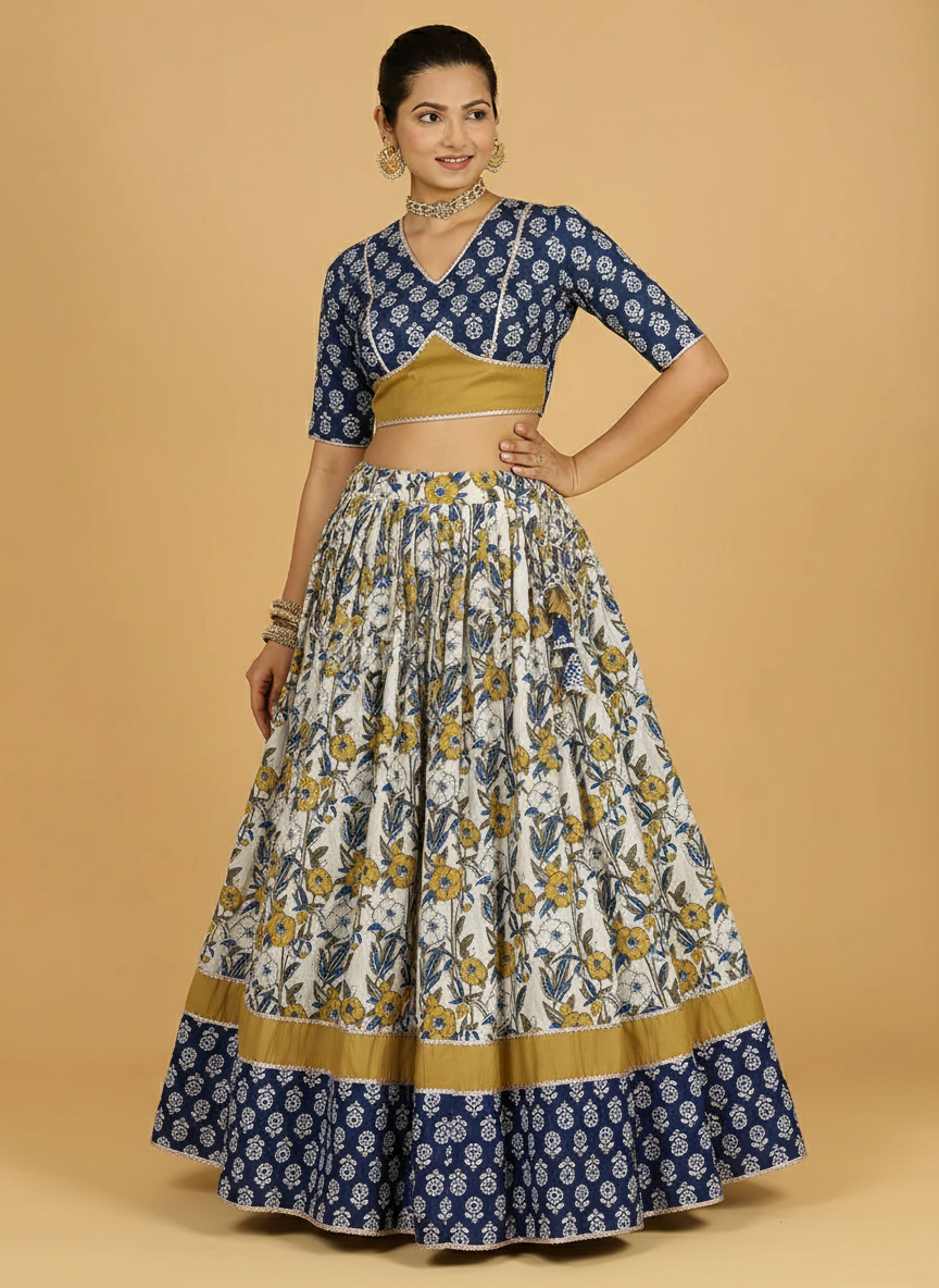 Devan x Tyohaar Lehenga Set, in Blue 100% Cotton - Block Printed, featuring elbow sleeves and v-neckline (view 6).