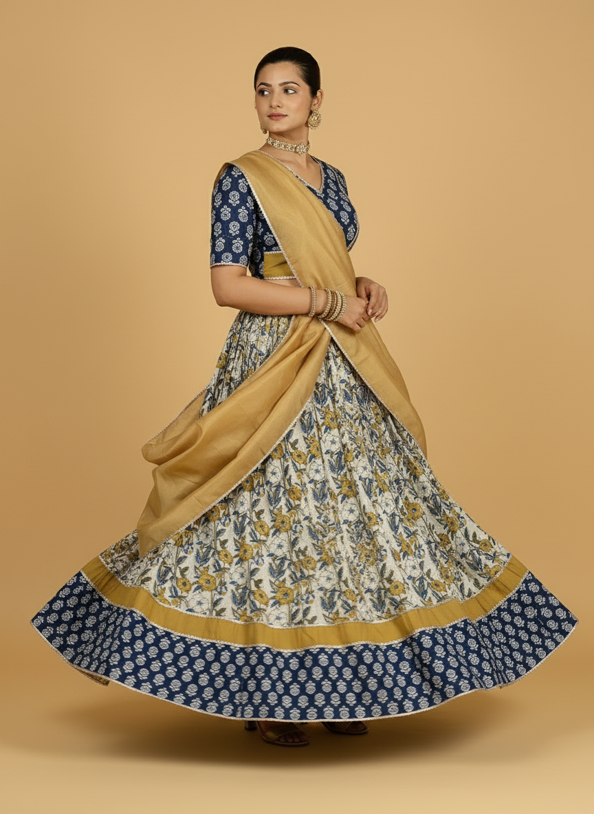 Devan x Tyohaar Lehenga Set, in Blue 100% Cotton - Block Printed, featuring elbow sleeves and v-neckline (view 8).