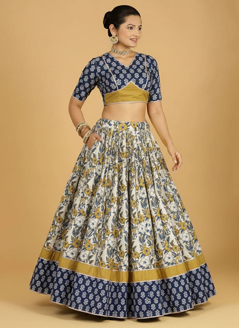 Devan x Tyohaar | Blue & Green Navratri Handblock Printed Lehenga Set-Binks