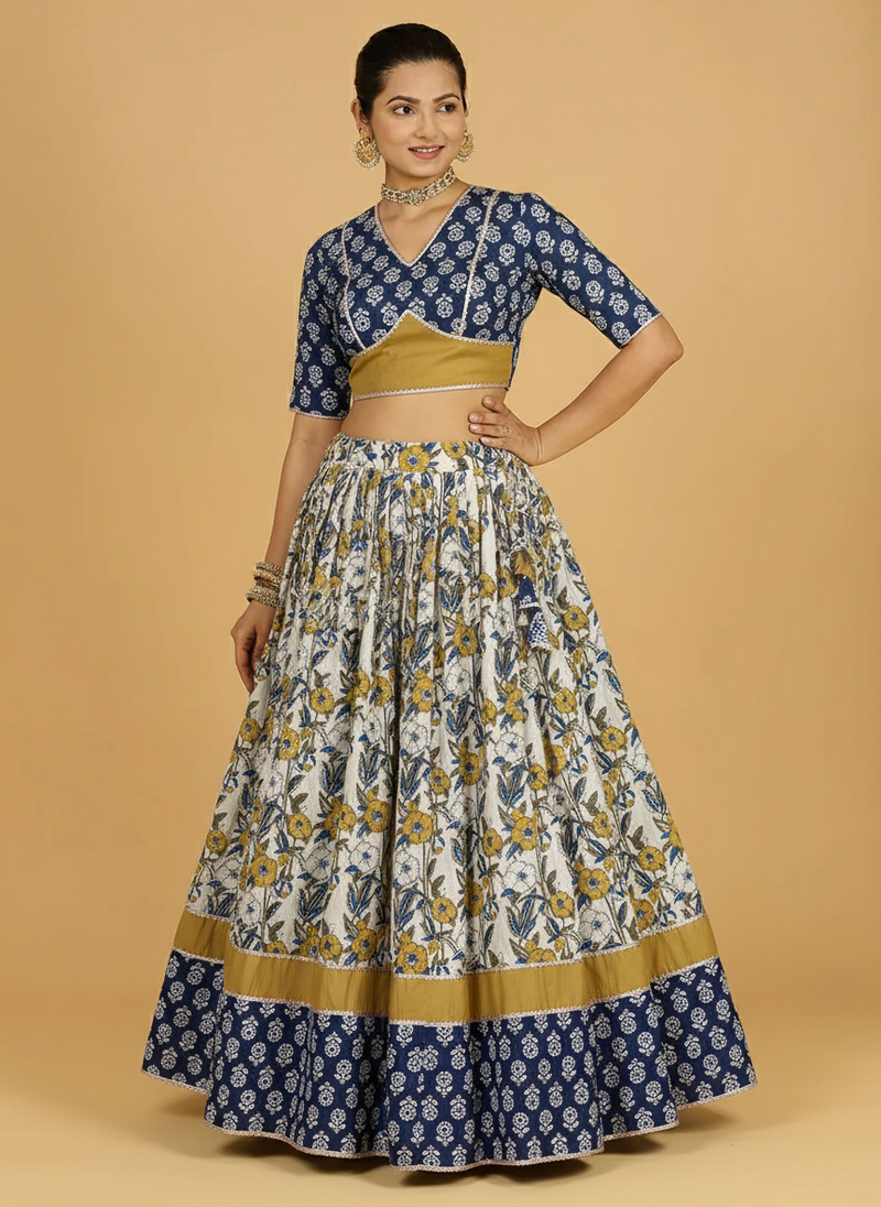 Devan x Tyohaar | Blue & Green Navratri Handblock Printed Lehenga Set-Binks