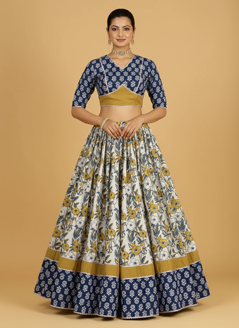 Devan x Tyohaar | Blue & Green Navratri Handblock Printed Lehenga Set-Binks