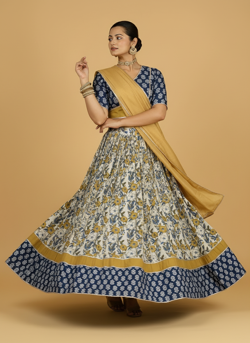 Devan x Tyohaar | Blue & Green Navratri Handblock Printed Lehenga Set-Binks