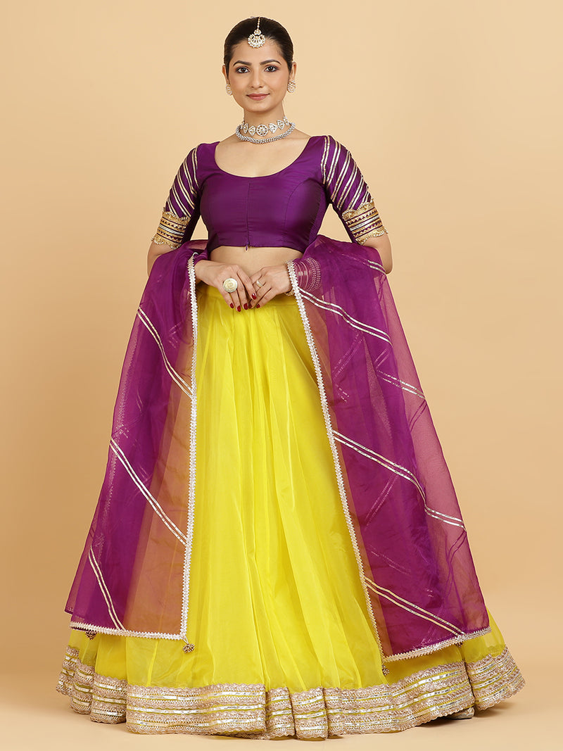 Farah Anisha 4-Pc Lehenga Set x Tyohaar | Lemon Yellow Lehenga, Purple Blouse with Falak Purple Dupatta and Cancan Skirt-Binks