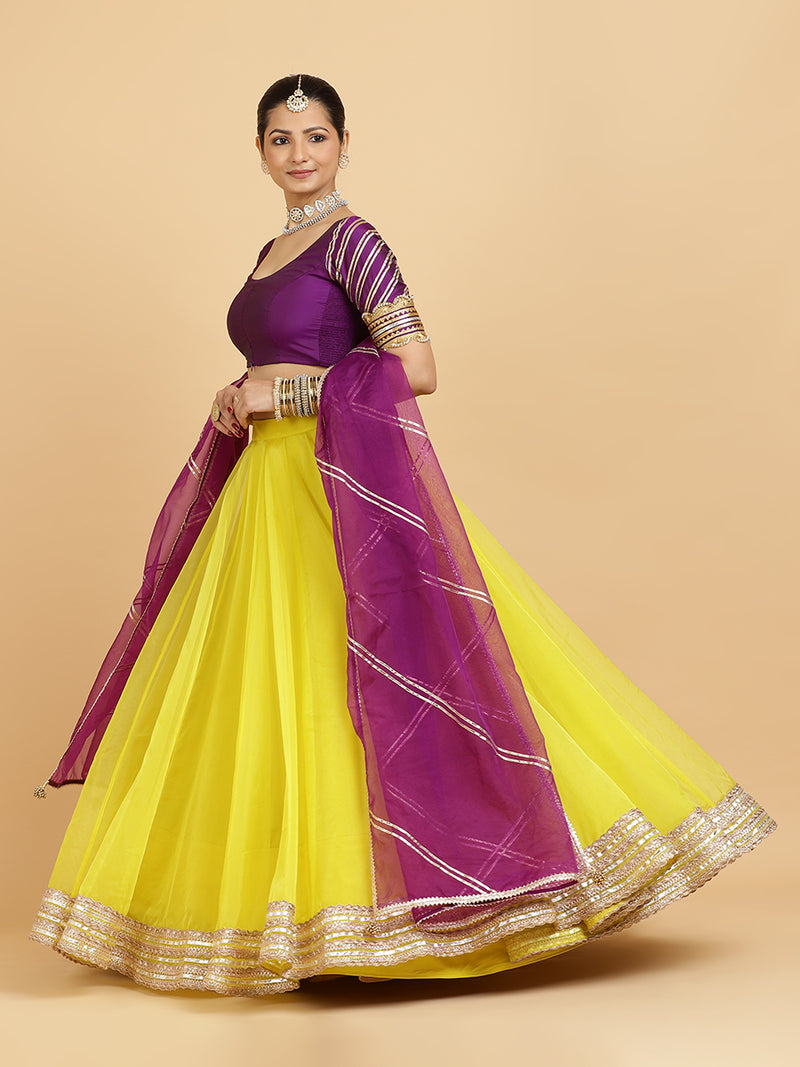 Farah Anisha 4-Pc Lehenga Set x Tyohaar | Lemon Yellow Lehenga, Purple Blouse with Falak Purple Dupatta and Cancan Skirt-Binks