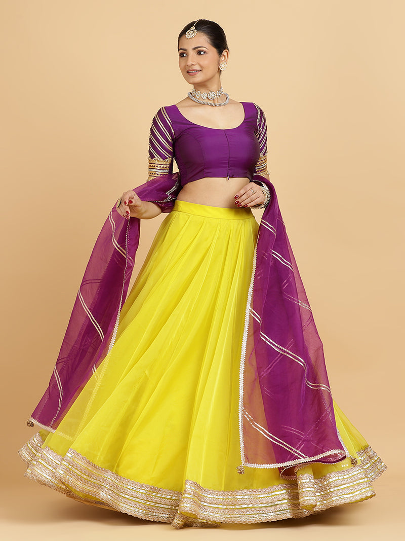 Farah Anisha 4-Pc Lehenga Set x Tyohaar | Lemon Yellow Lehenga, Purple Blouse with Falak Purple Dupatta and Cancan Skirt-Binks