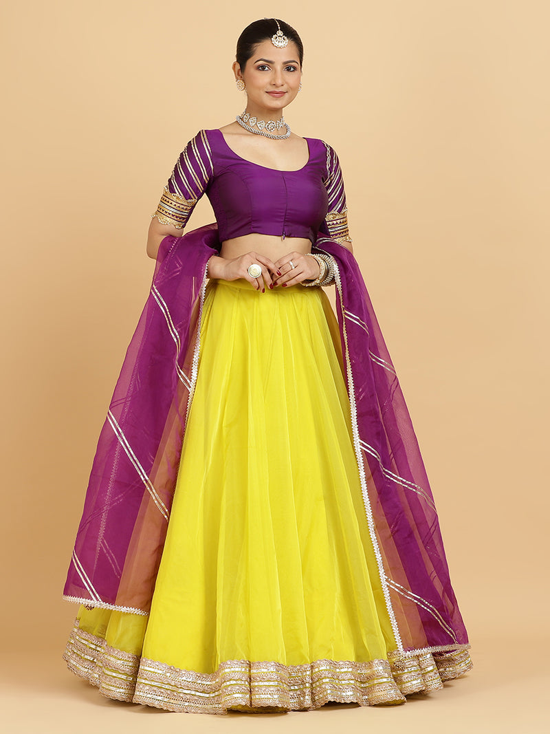 Farah Anisha 4-Pc Lehenga Set x Tyohaar | Lemon Yellow Lehenga, Purple Blouse with Falak Purple Dupatta and Cancan Skirt-Binks