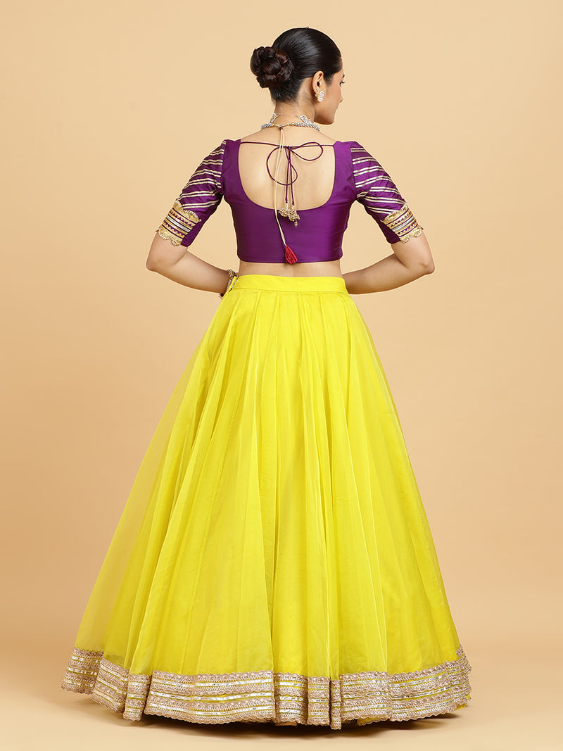 Farah Anisha 4-Pc Lehenga Set x Tyohaar | Lemon Yellow Lehenga, Purple Blouse with Falak Purple Dupatta and Cancan Skirt-Binks
