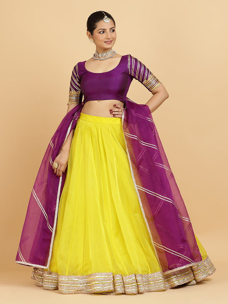 Farah Anisha 4-Pc Lehenga Set x Tyohaar | Lemon Yellow Lehenga, Purple Blouse with Falak Purple Dupatta and Cancan Skirt-Binks