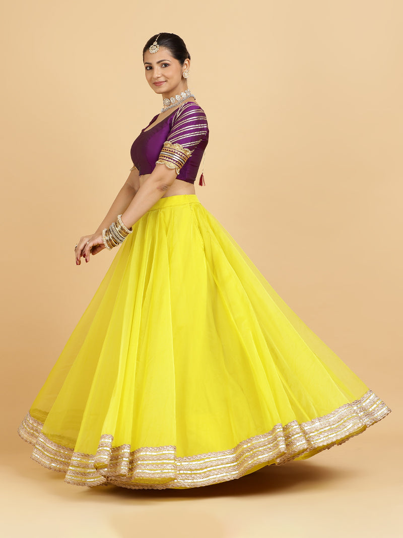 Farah Anisha 4-Pc Lehenga Set x Tyohaar | Lemon Yellow Lehenga, Purple Blouse with Falak Purple Dupatta and Cancan Skirt-Binks