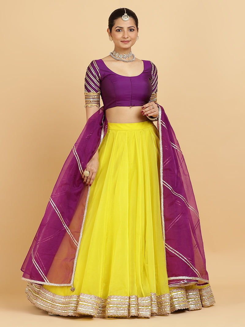 Farah Anisha 4-Pc Lehenga Set x Tyohaar | Lemon Yellow Lehenga, Purple Blouse with Falak Purple Dupatta and Cancan Skirt-Binks