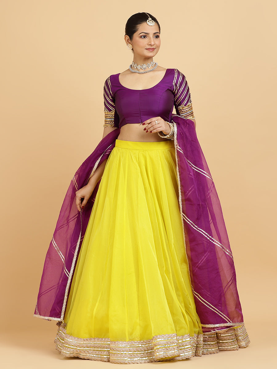 Farah Anisha 4-Pc Lehenga Set x Tyohaar, in Yellow, featuring elbow sleeves and round neckline, made for party & festive.