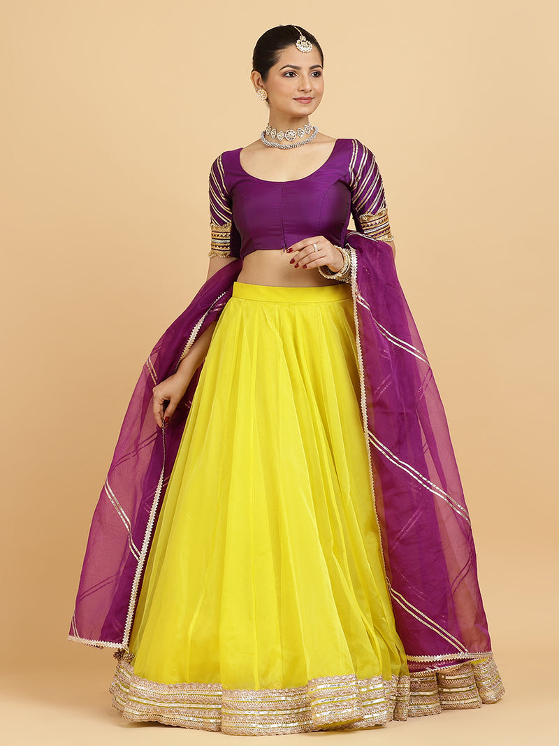 Farah Anisha 4-Pc Lehenga Set x Tyohaar | Lemon Yellow Lehenga, Purple Blouse with Falak Purple Dupatta and Cancan Skirt-Binks
