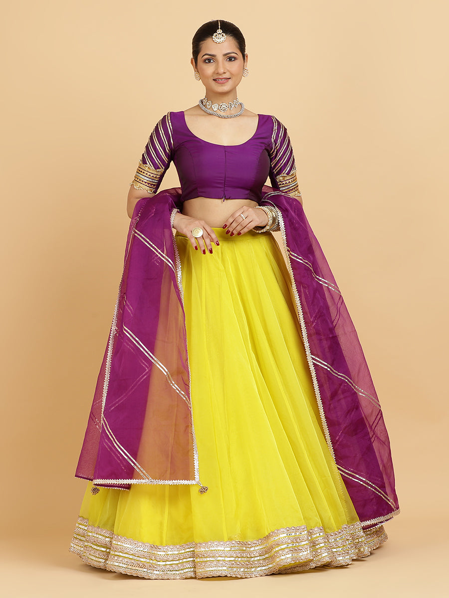 Farah Anisha 4-Pc Lehenga Set x Tyohaar, in Yellow, featuring elbow sleeves and round neckline, made for party & festive.