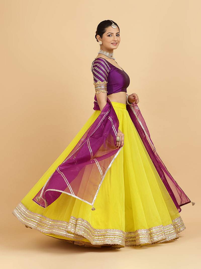 Farah Anisha 4-Pc Lehenga Set x Tyohaar | Lemon Yellow Lehenga, Purple Blouse with Falak Purple Dupatta and Cancan Skirt-Binks