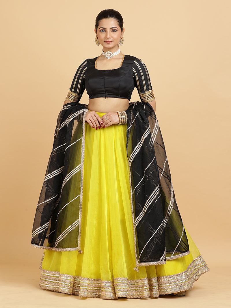 Farah Aziza 4-Pc Lehenga Set x Tyohaar | Lemon Yellow Lehenga, Charcoal Black Blouse with Chandni Black Dupatta and Cancan Skirt-Binks