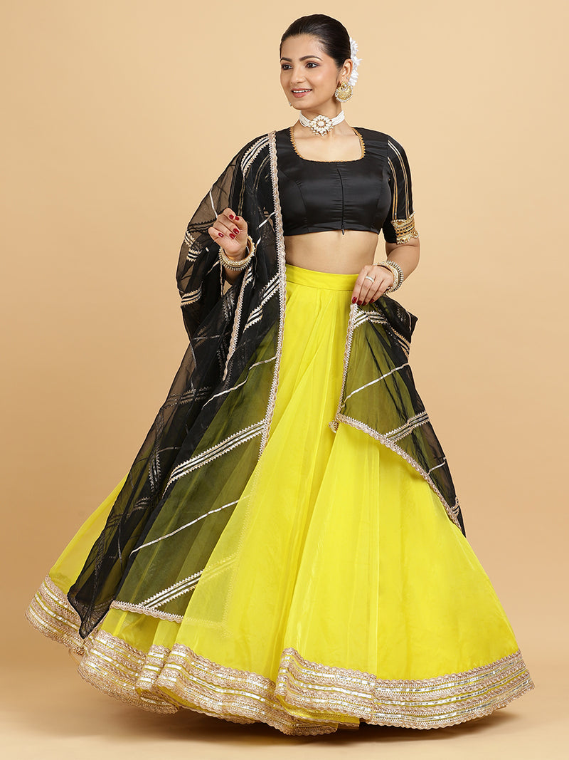 Farah Aziza 4-Pc Lehenga Set x Tyohaar | Lemon Yellow Lehenga, Charcoal Black Blouse with Chandni Black Dupatta and Cancan Skirt-Binks
