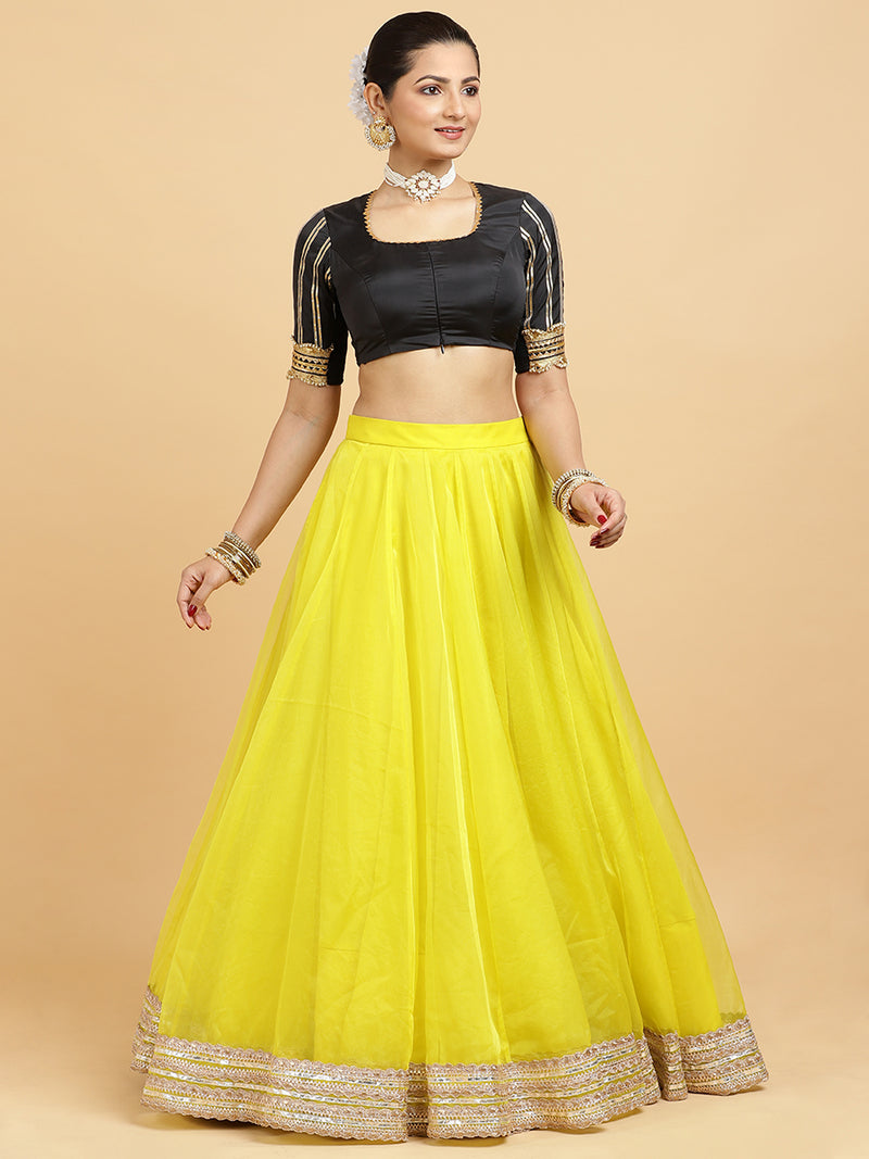 Farah Aziza 4-Pc Lehenga Set x Tyohaar | Lemon Yellow Lehenga, Charcoal Black Blouse with Chandni Black Dupatta and Cancan Skirt-Binks