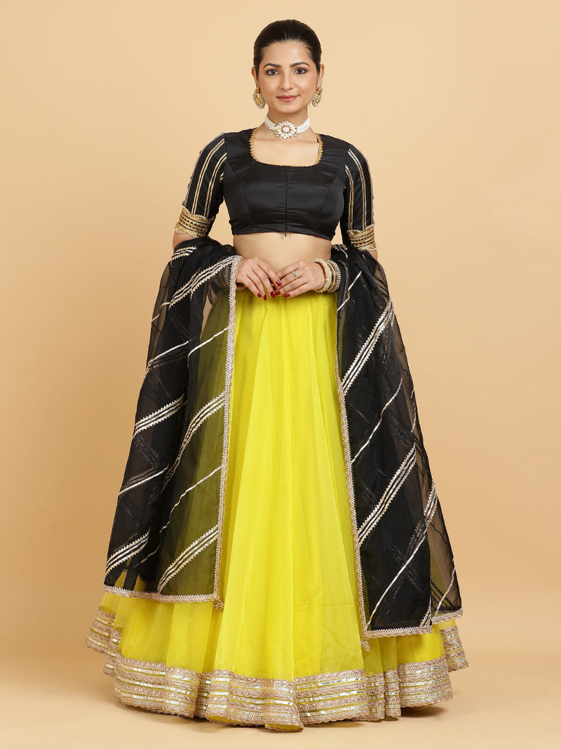 Farah Aziza 4-Pc Lehenga Set x Tyohaar | Lemon Yellow Lehenga, Charcoal Black Blouse with Chandni Black Dupatta and Cancan Skirt-Binks