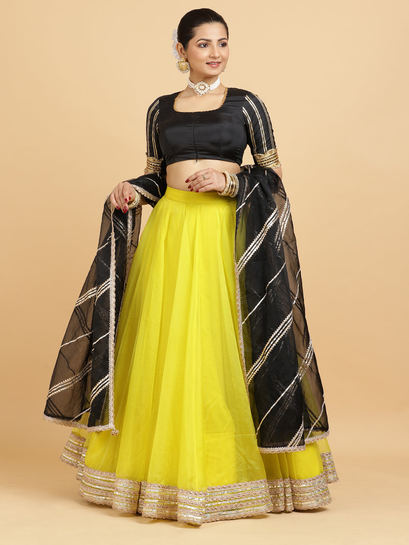 Farah Aziza 4-Pc Lehenga Set x Tyohaar | Lemon Yellow Lehenga, Charcoal Black Blouse with Chandni Black Dupatta and Cancan Skirt-Binks