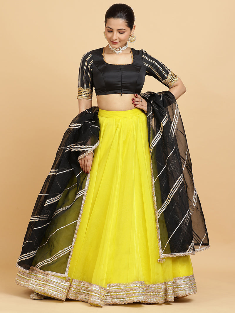 Farah Aziza 4-Pc Lehenga Set x Tyohaar | Lemon Yellow Lehenga, Charcoal Black Blouse with Chandni Black Dupatta and Cancan Skirt-Binks