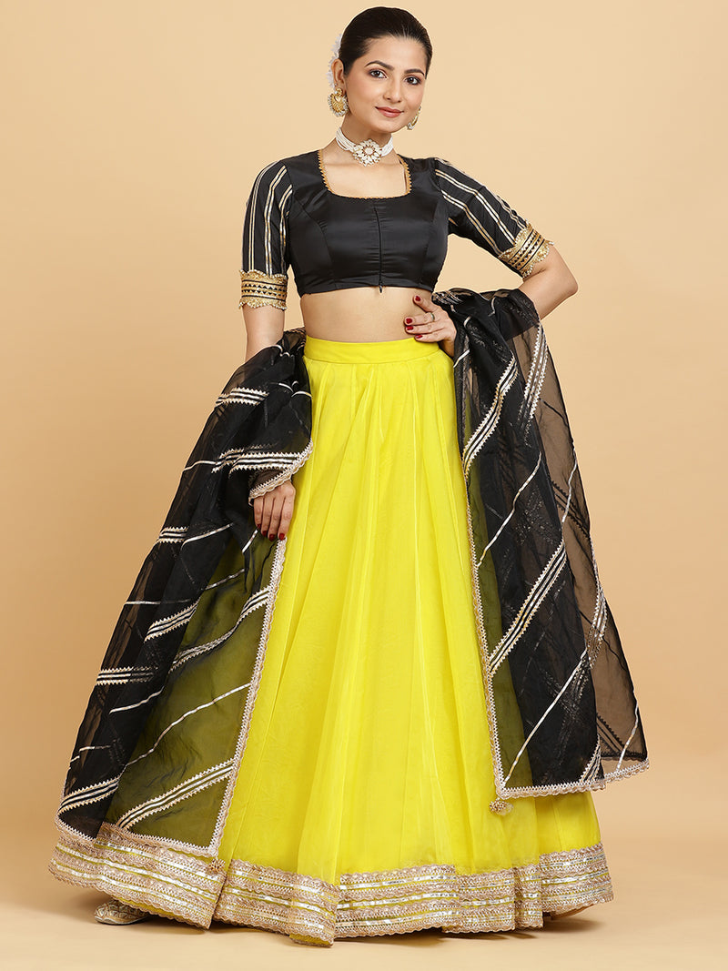 Farah Aziza 4-Pc Lehenga Set x Tyohaar | Lemon Yellow Lehenga, Charcoal Black Blouse with Chandni Black Dupatta and Cancan Skirt-Binks