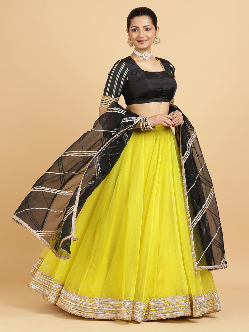 Farah Aziza 4-Pc Lehenga Set x Tyohaar | Lemon Yellow Lehenga, Charcoal Black Blouse with Chandni Black Dupatta and Cancan Skirt-Binks