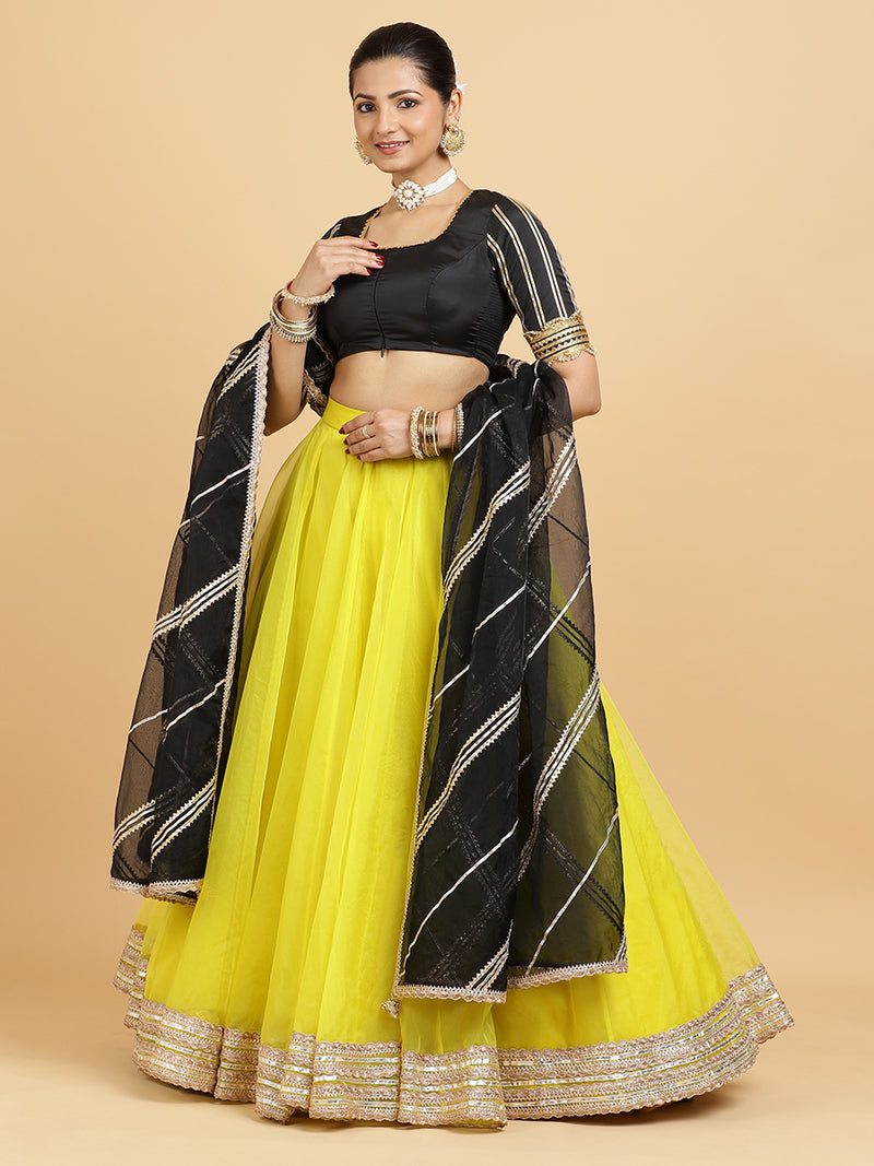 Farah Aziza 4-Pc Lehenga Set x Tyohaar | Lemon Yellow Lehenga, Charcoal Black Blouse with Chandni Black Dupatta and Cancan Skirt-Binks