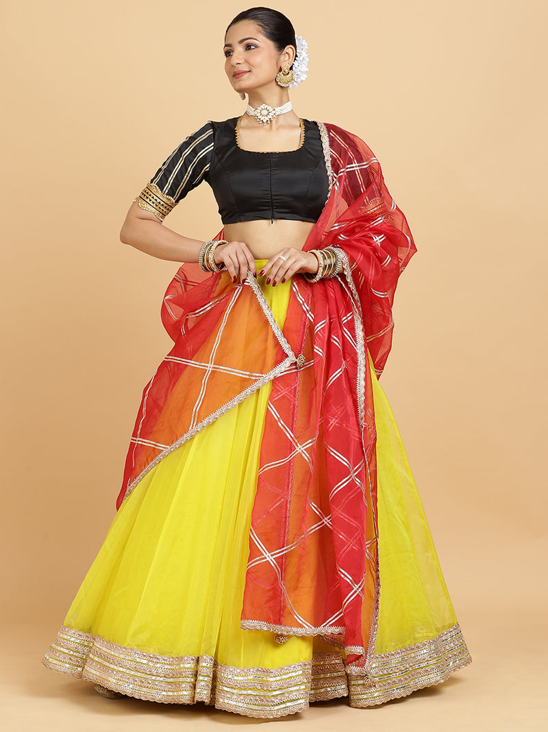 Farah Aziza 4-Pc Lehenga Set x Tyohaar | Lemon Yellow Lehenga, Charcoal Black Blouse with Leela Red Dupatta and Cancan Skirt-Binks