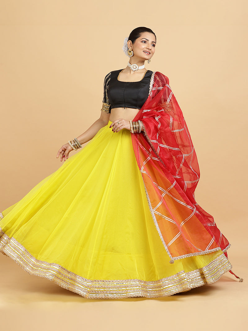 Farah Aziza 4-Pc Lehenga Set x Tyohaar | Lemon Yellow Lehenga, Charcoal Black Blouse with Leela Red Dupatta and Cancan Skirt-Binks