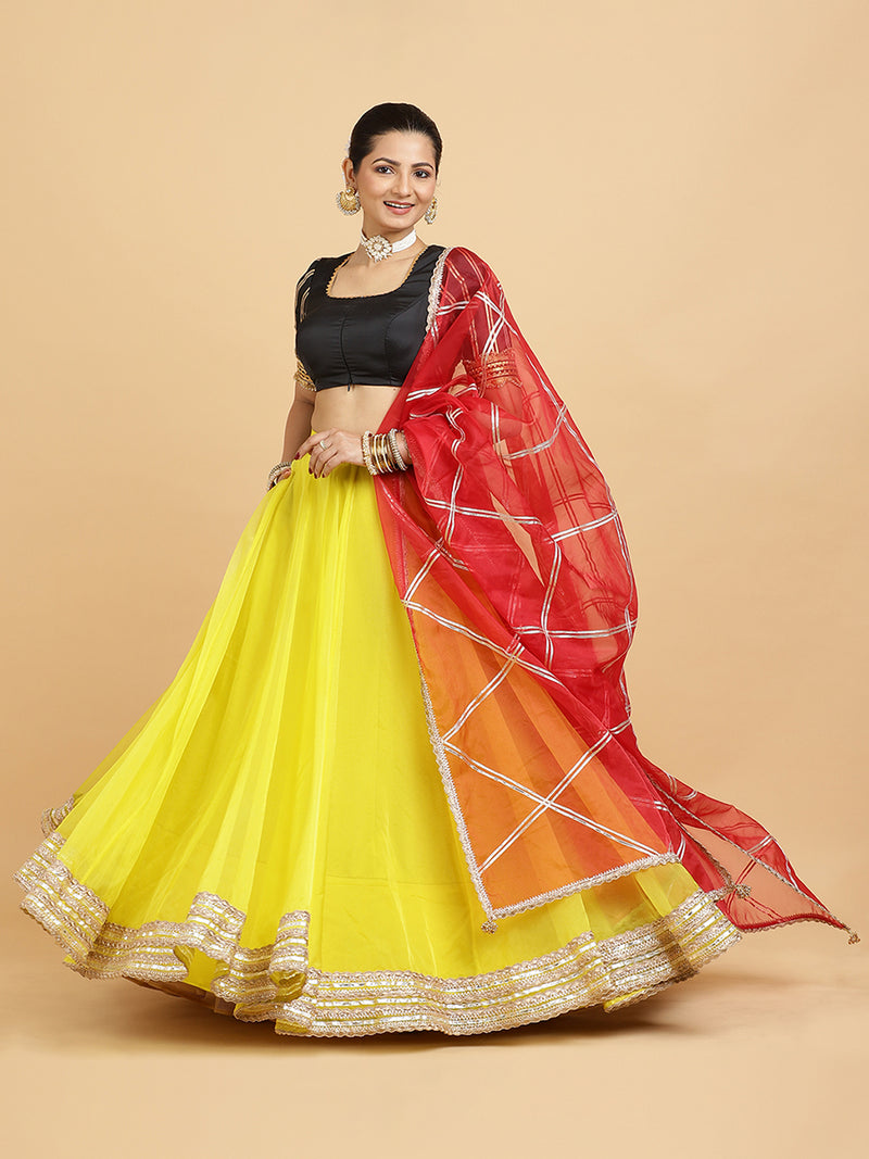 Farah Aziza 4-Pc Lehenga Set x Tyohaar | Lemon Yellow Lehenga, Charcoal Black Blouse with Leela Red Dupatta and Cancan Skirt-Binks