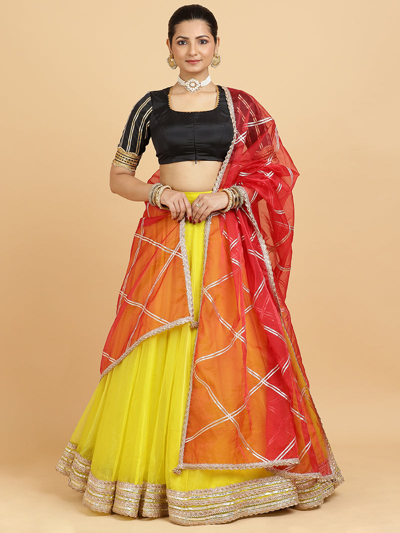 Farah Aziza 4-Pc Lehenga Set x Tyohaar | Lemon Yellow Lehenga, Charcoal Black Blouse with Leela Red Dupatta and Cancan Skirt-Binks