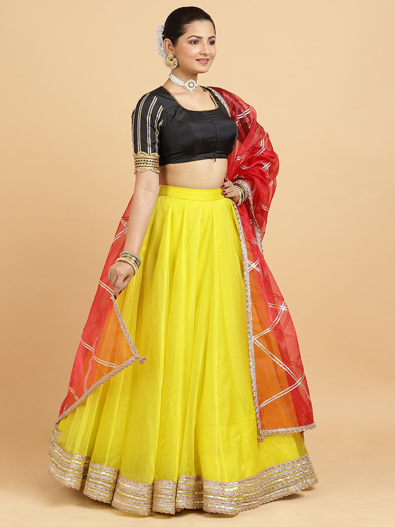 Farah Aziza 4-Pc Lehenga Set x Tyohaar | Lemon Yellow Lehenga, Charcoal Black Blouse with Leela Red Dupatta and Cancan Skirt-Binks