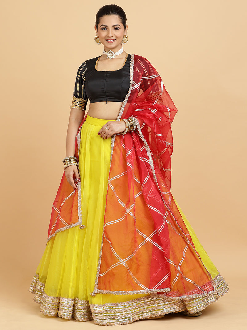 Farah Aziza 4-Pc Lehenga Set x Tyohaar | Lemon Yellow Lehenga, Charcoal Black Blouse with Leela Red Dupatta and Cancan Skirt-Binks