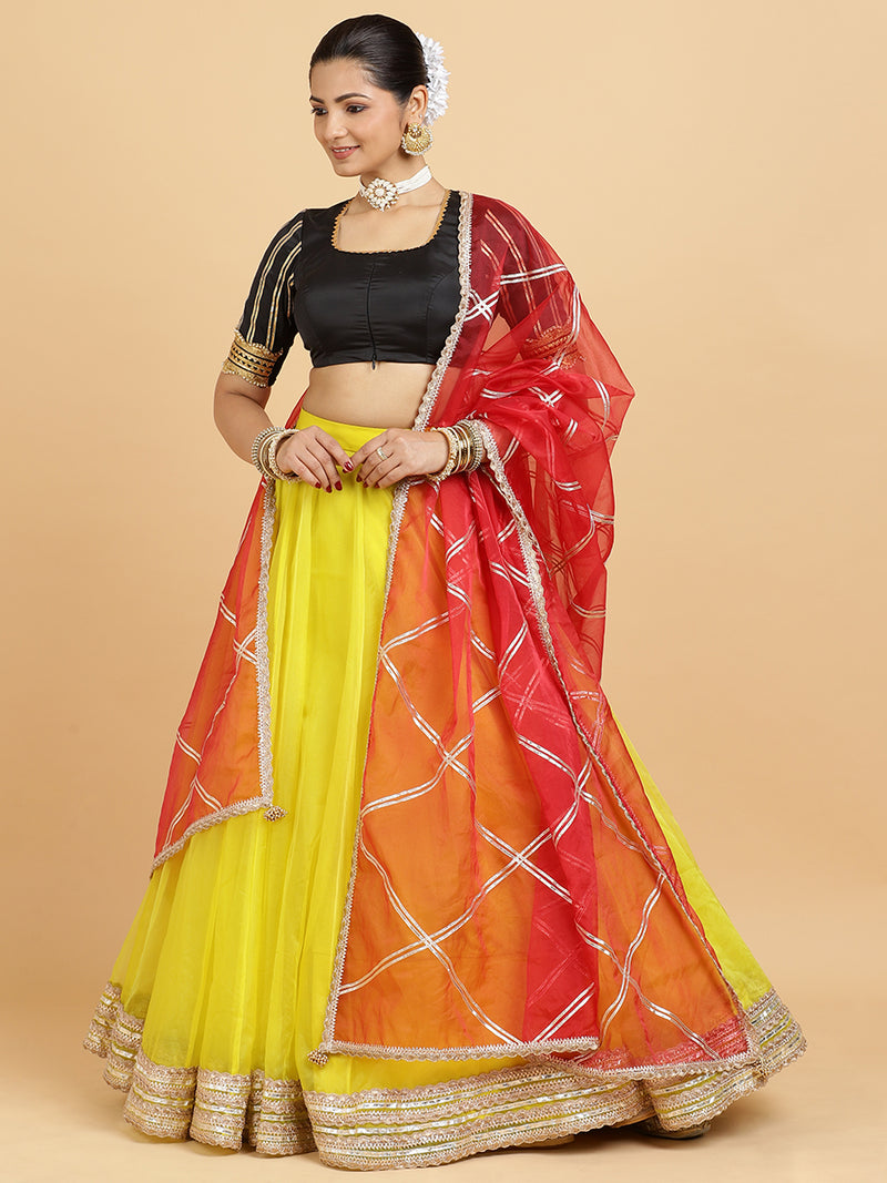 Farah Aziza 4-Pc Lehenga Set x Tyohaar | Lemon Yellow Lehenga, Charcoal Black Blouse with Leela Red Dupatta and Cancan Skirt-Binks