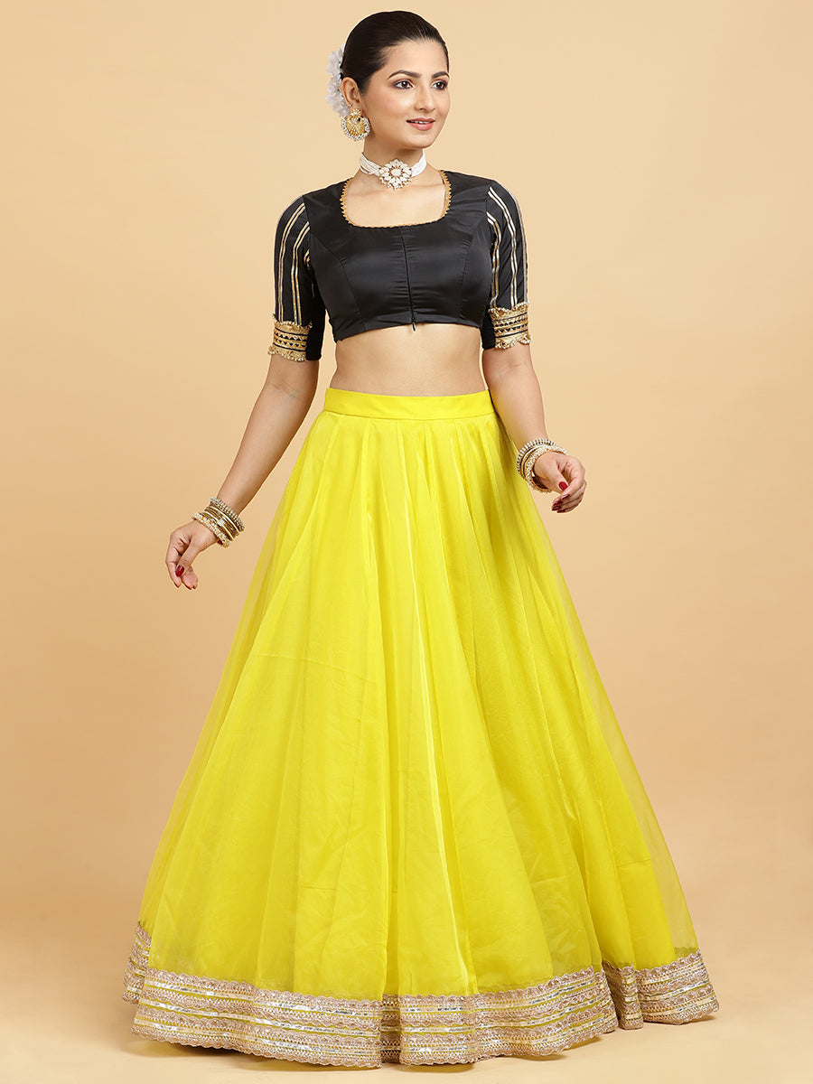 Farah Aziza 4-Pc Lehenga Set x Tyohaar, in Yellow, featuring elbow sleeves and square neckline, made for party & festive.