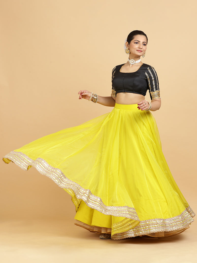 Farah Aziza 4-Pc Lehenga Set x Tyohaar | Lemon Yellow Lehenga, Charcoal Black Blouse with Leela Red Dupatta and Cancan Skirt-Binks