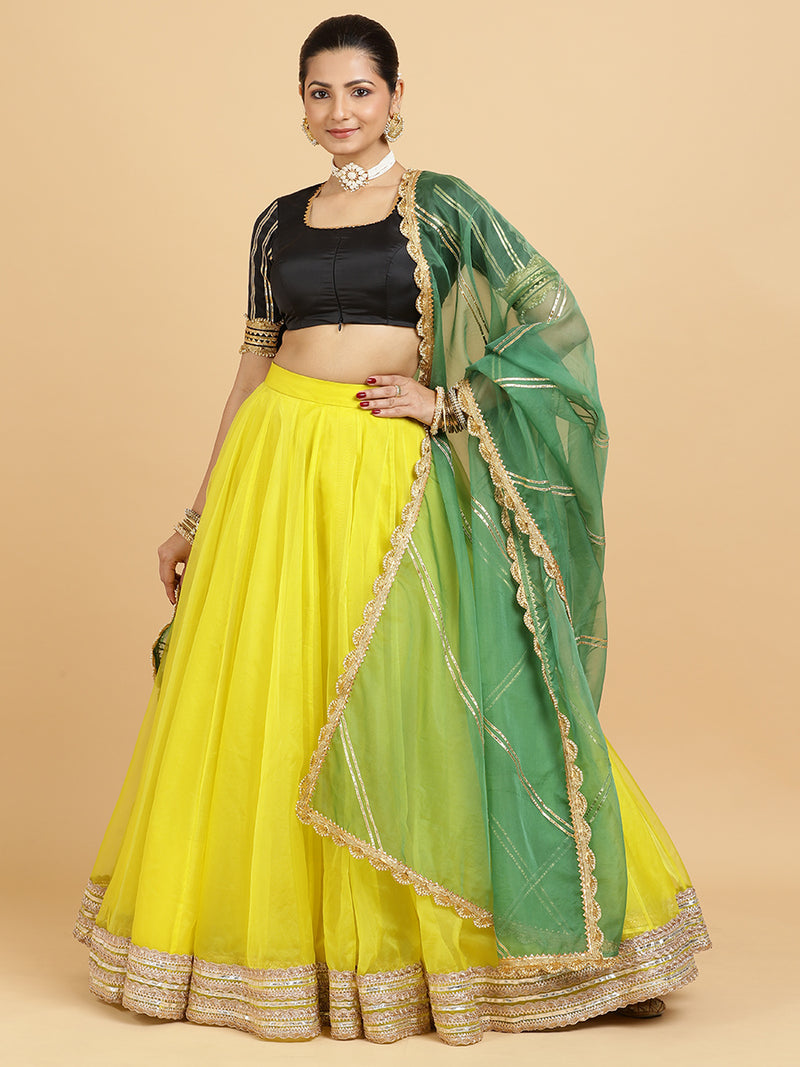 Farah Aziza 4-Pc Lehenga Set x Tyohaar | Lemon Yellow Lehenga, Charcoal Black Blouse with Panna Emerald Green Dupatta and Cancan Skirt-Binks