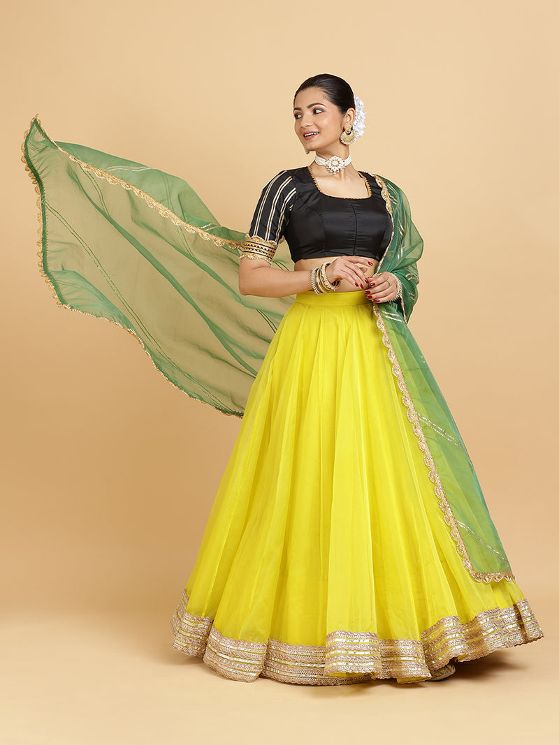 Farah Aziza 4-Pc Lehenga Set x Tyohaar | Lemon Yellow Lehenga, Charcoal Black Blouse with Panna Emerald Green Dupatta and Cancan Skirt-Binks