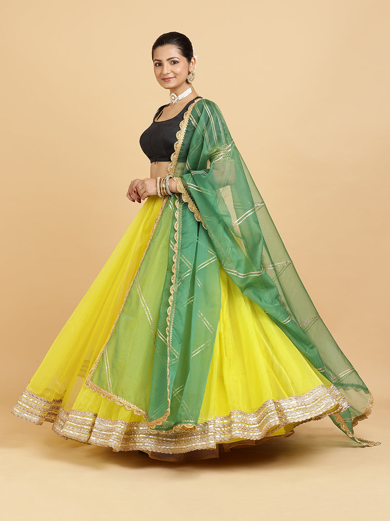 Farah Aziza 4-Pc Lehenga Set x Tyohaar | Lemon Yellow Lehenga, Charcoal Black Blouse with Panna Emerald Green Dupatta and Cancan Skirt-Binks