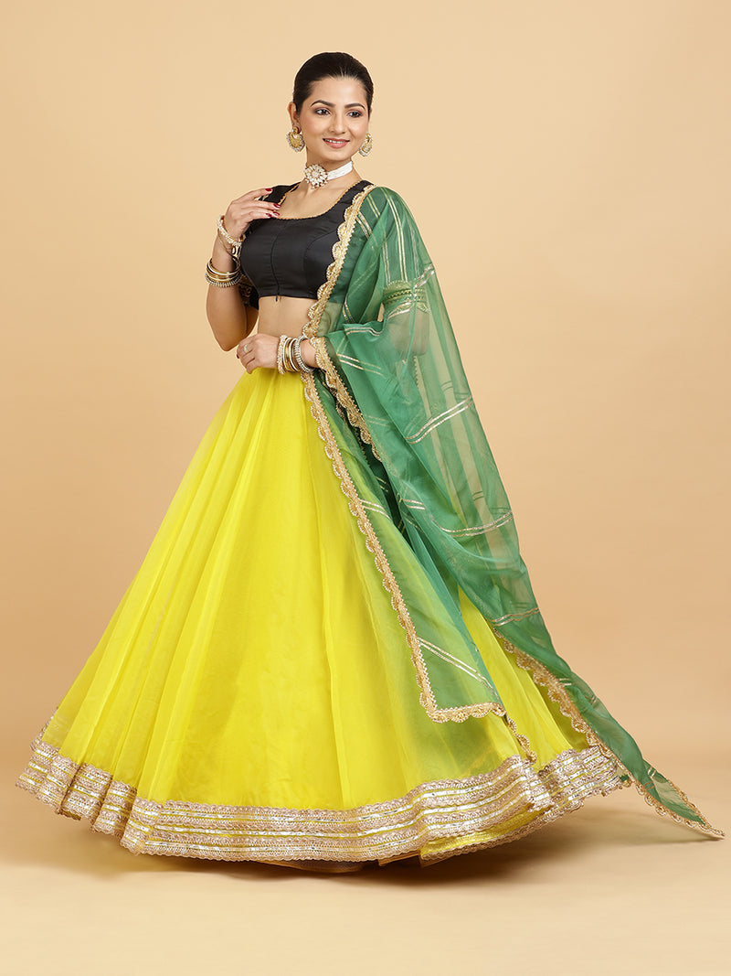 Farah Aziza 4-Pc Lehenga Set x Tyohaar | Lemon Yellow Lehenga, Charcoal Black Blouse with Panna Emerald Green Dupatta and Cancan Skirt-Binks
