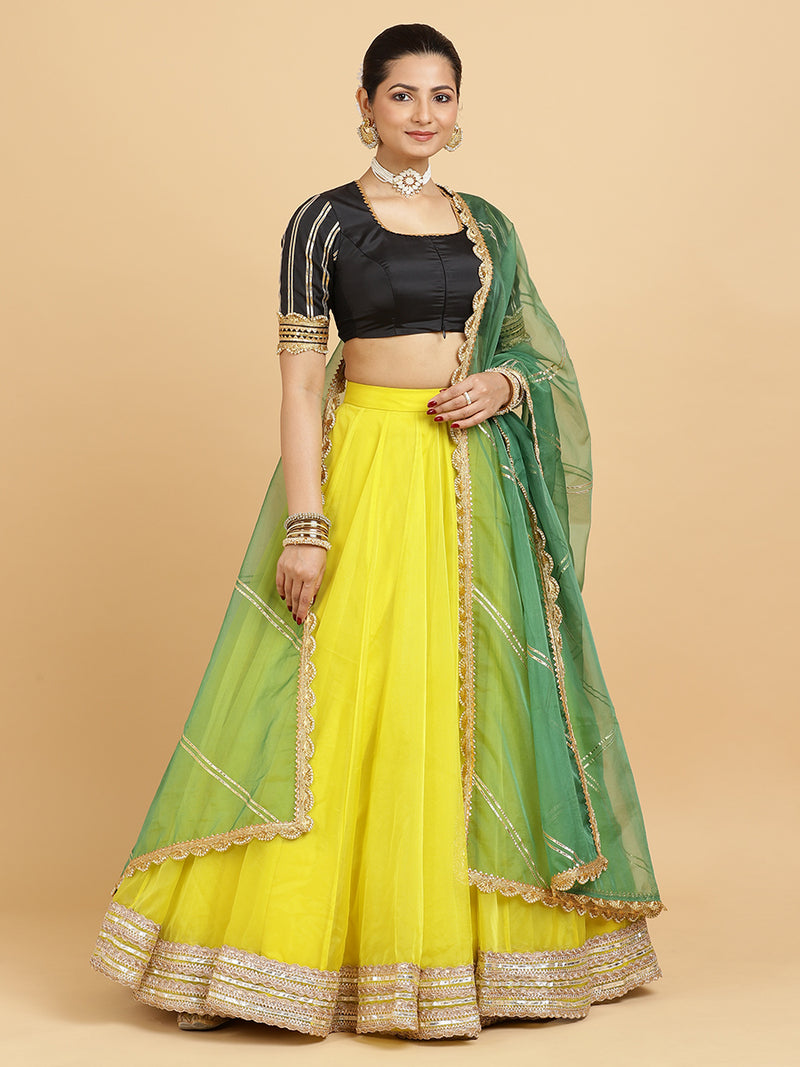 Farah Aziza 4-Pc Lehenga Set x Tyohaar | Lemon Yellow Lehenga, Charcoal Black Blouse with Panna Emerald Green Dupatta and Cancan Skirt-Binks