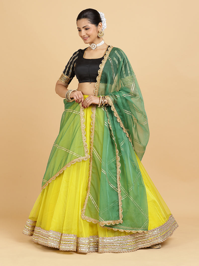 Farah Aziza 4-Pc Lehenga Set x Tyohaar | Lemon Yellow Lehenga, Charcoal Black Blouse with Panna Emerald Green Dupatta and Cancan Skirt-Binks