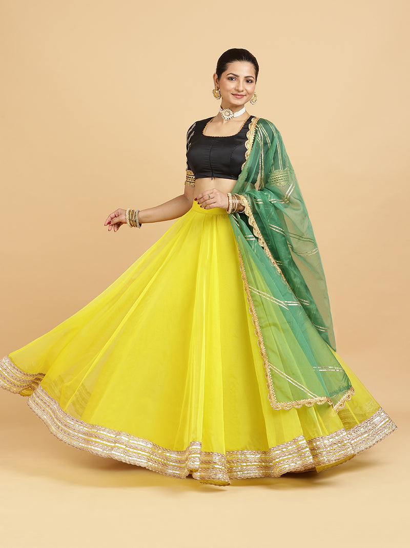 Farah Aziza 4-Pc Lehenga Set x Tyohaar | Lemon Yellow Lehenga, Charcoal Black Blouse with Panna Emerald Green Dupatta and Cancan Skirt-Binks