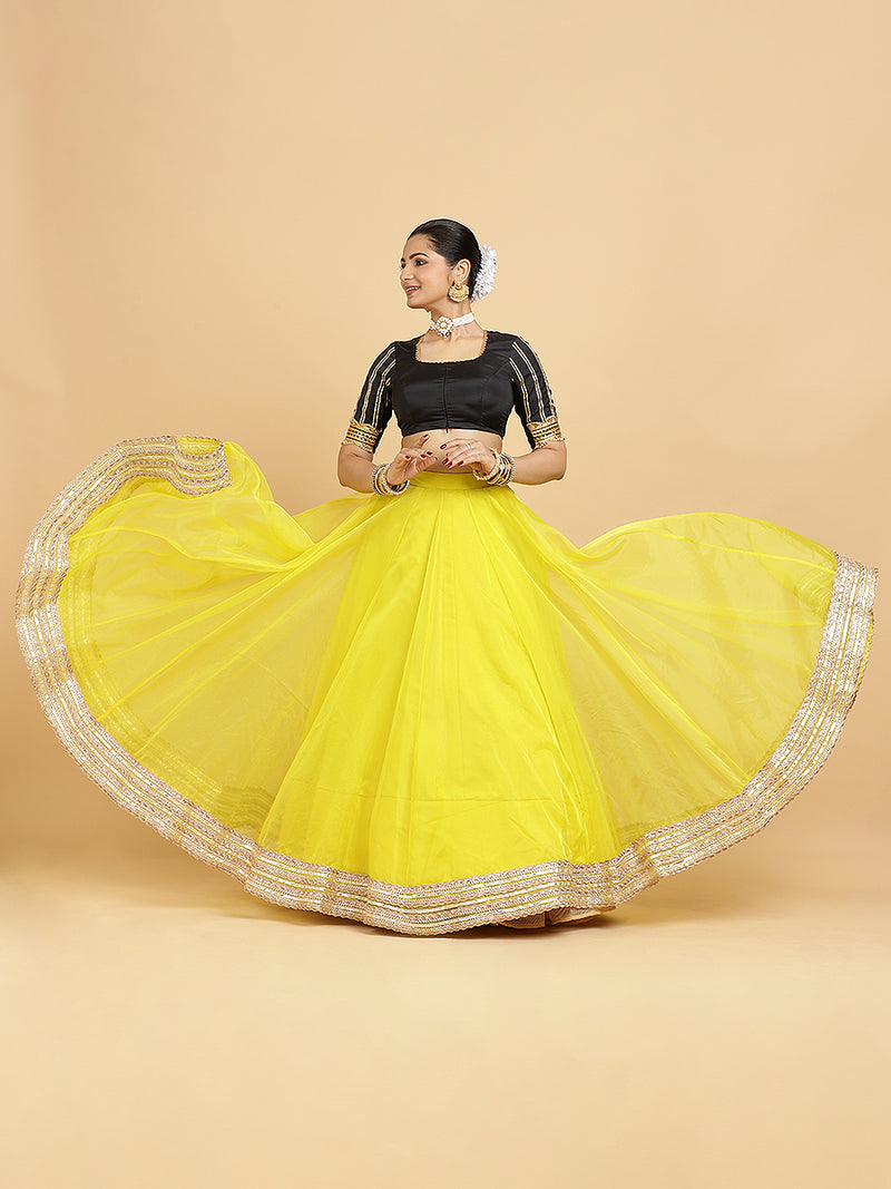 Farah Aziza 4-Pc Lehenga Set x Tyohaar | Lemon Yellow Lehenga, Charcoal Black Blouse with Panna Emerald Green Dupatta and Cancan Skirt-Binks