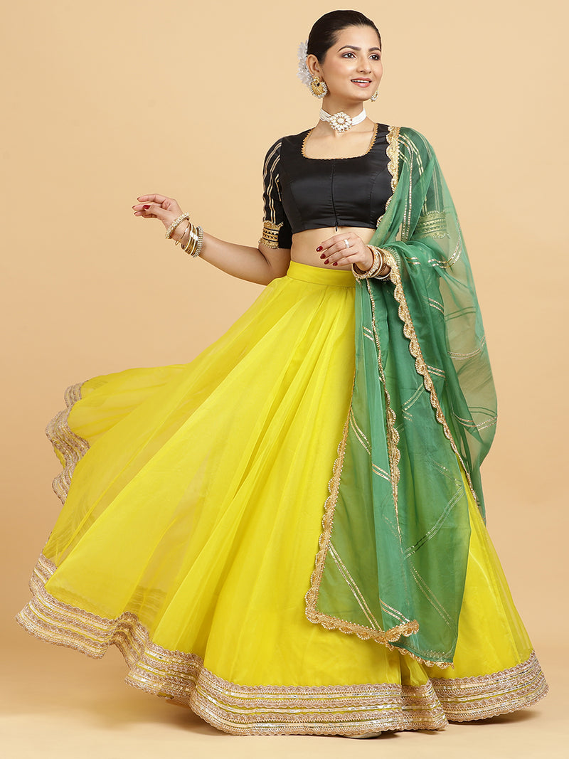 Farah Aziza 4-Pc Lehenga Set x Tyohaar | Lemon Yellow Lehenga, Charcoal Black Blouse with Panna Emerald Green Dupatta and Cancan Skirt-Binks