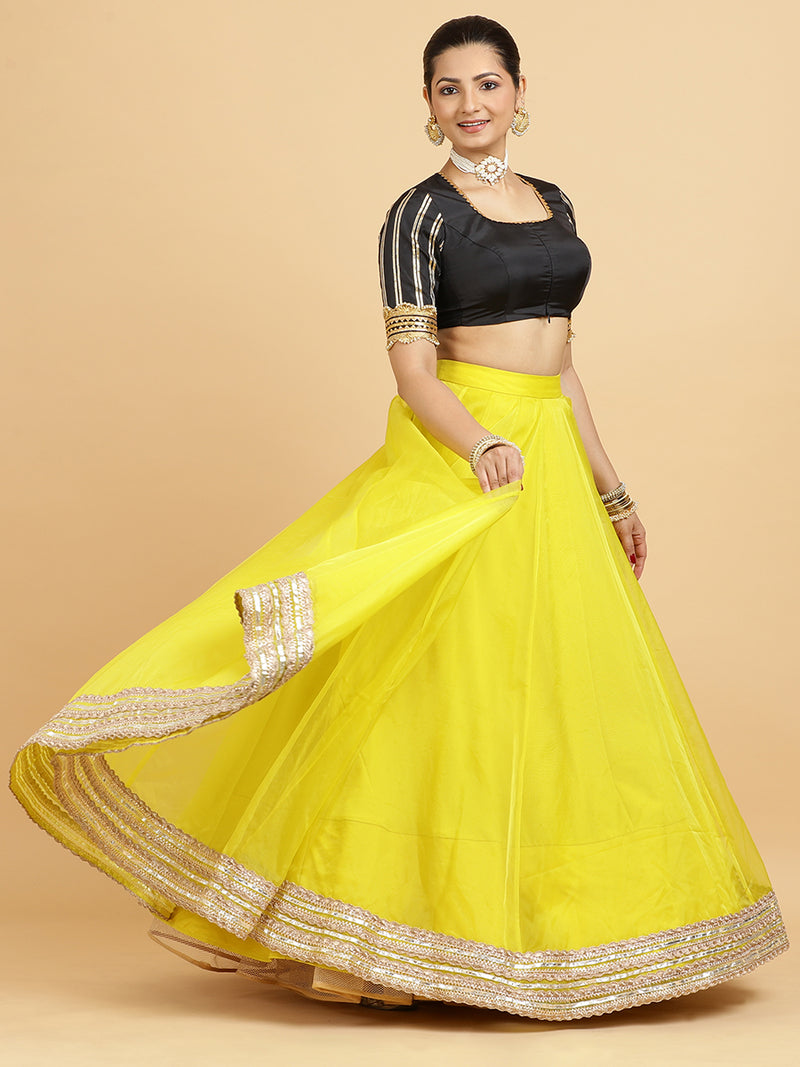 Farah Aziza 4-Pc Lehenga Set x Tyohaar | Lemon Yellow Lehenga, Charcoal Black Blouse with Panna Emerald Green Dupatta and Cancan Skirt-Binks